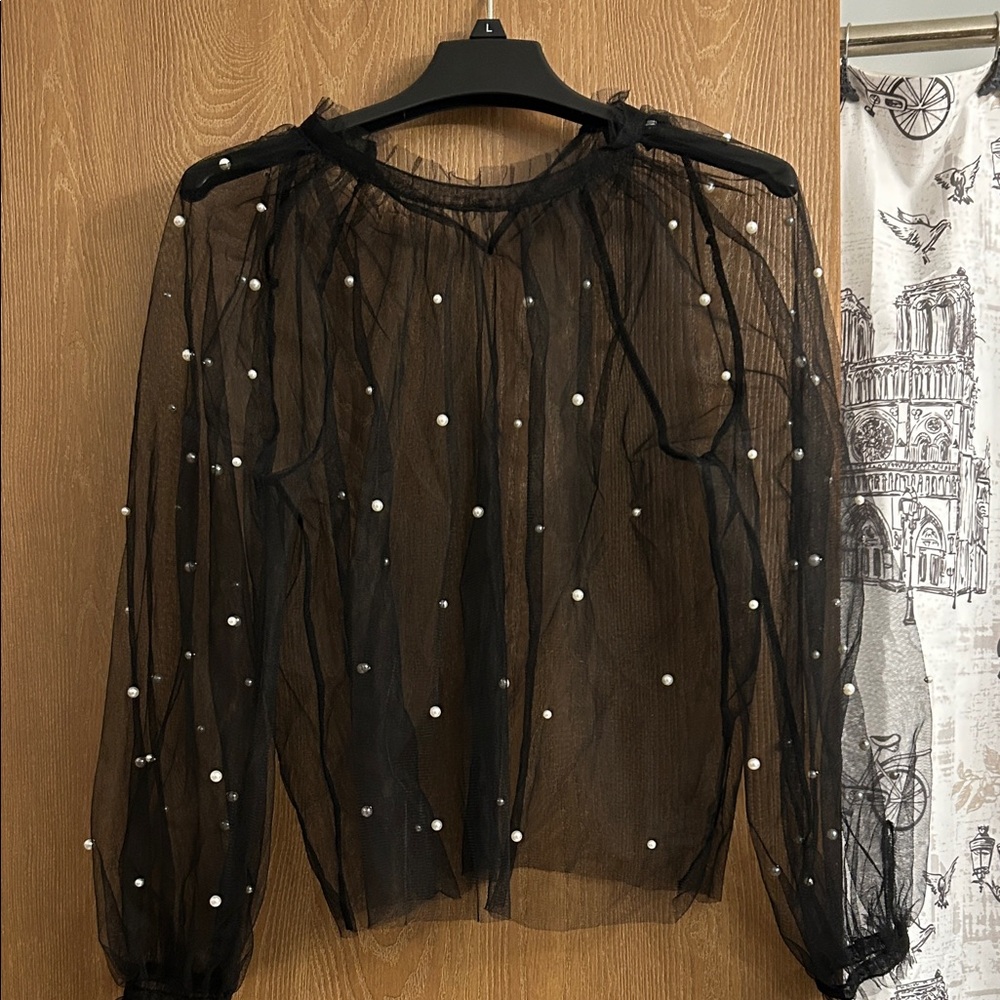 INC International Concepts Black Sheer Blouse with camisole  Pearl Details
